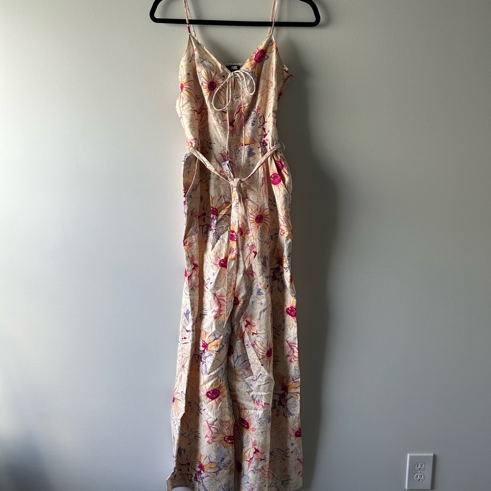 Paige beige floral printed linen/cotton sleeveless jumpsuit